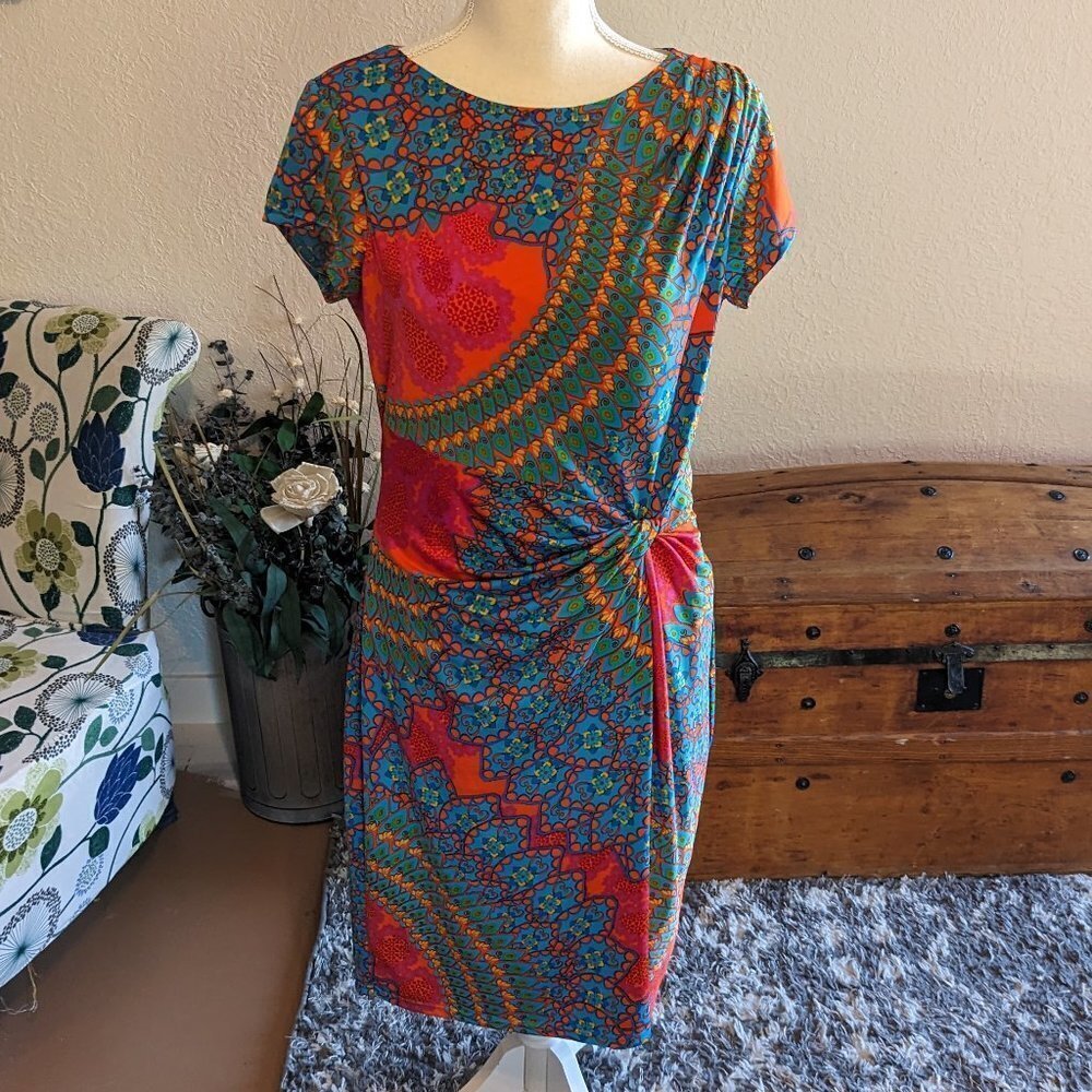 Ellen Tracy Ruched Sheath Dress | Orange/Blue/Teal Print | Size 8